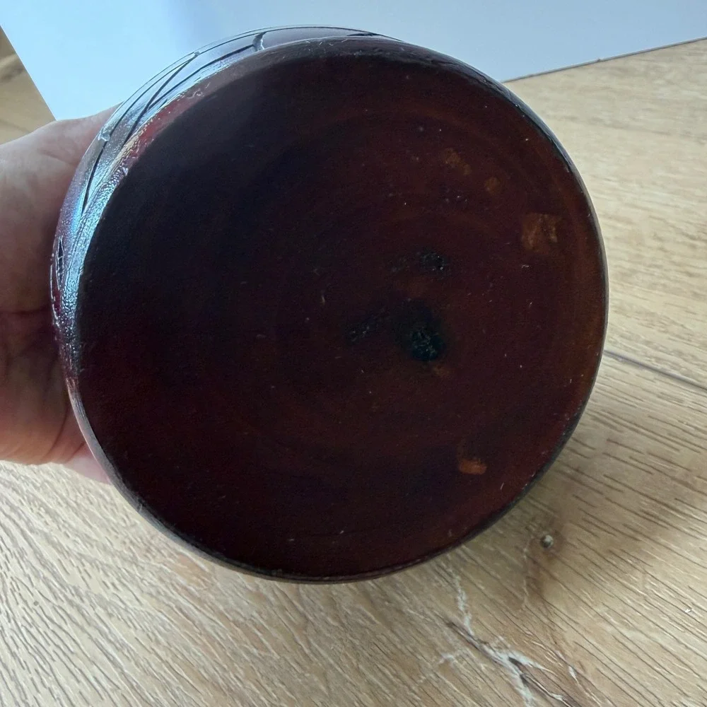 Vintage Hand Carved Wooden Jar with Lid Floral Etched Decorative Vessel Brown